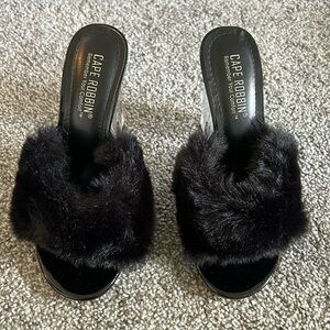 Faux fur with faux glass heel
